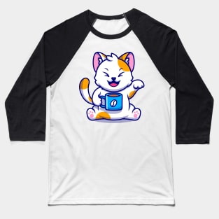 Cat and Coffee Kawaii Blue - Cute Baseball T-Shirt